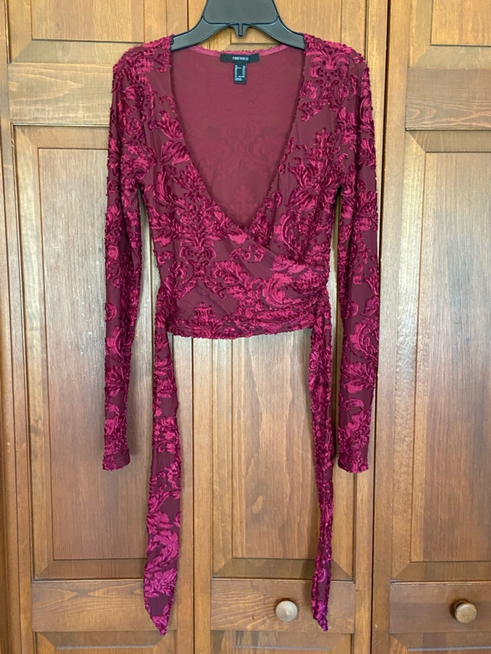 Forever 21 Burgundy Floral Burnout Surplice Wrap Crop Top